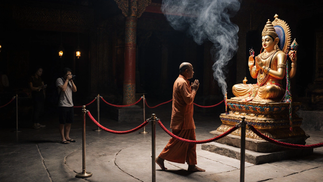 A pilgrim walking clockwise around the main shrine, keeping the deity on their right, in a dimly lit temple.