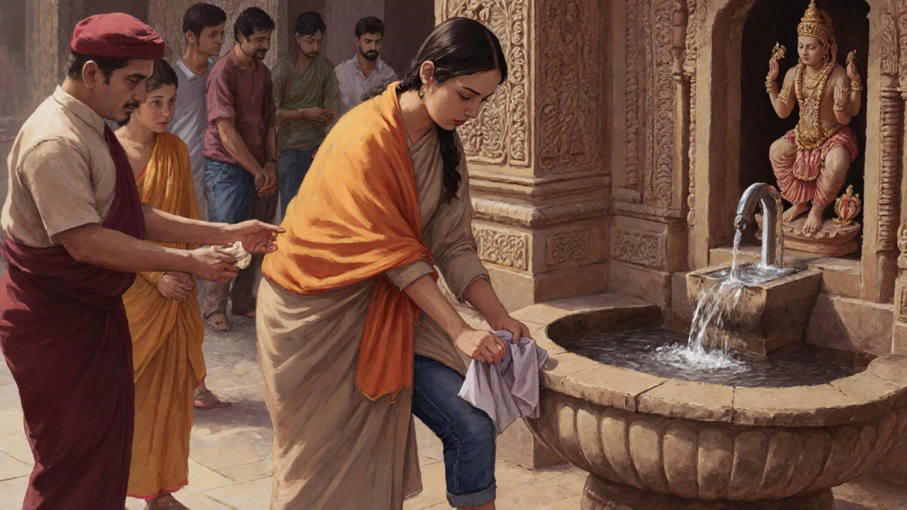 A woman wrapping a temple-provided shawl around her legs while washing her hands at a stone fountain.