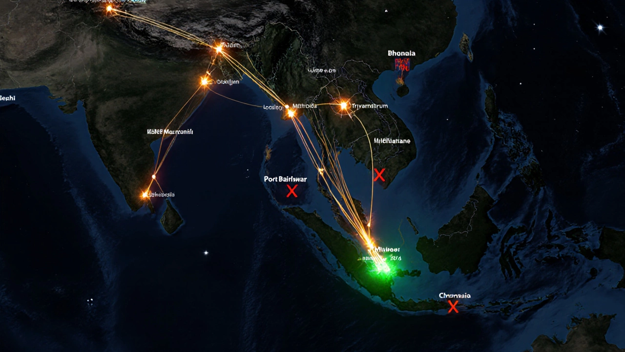 Aerial map of India showing flight paths to major beach airports with Goa, Kerala, Andamans highlighted