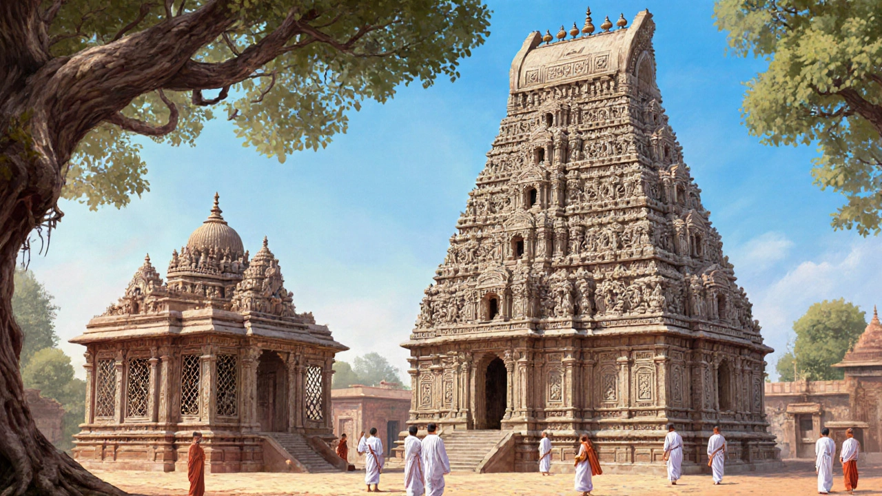Ancient stone temples of Bhubaneswar’s Temple Triangle under bright sky, with detailed carvings and priests in ritual attire.