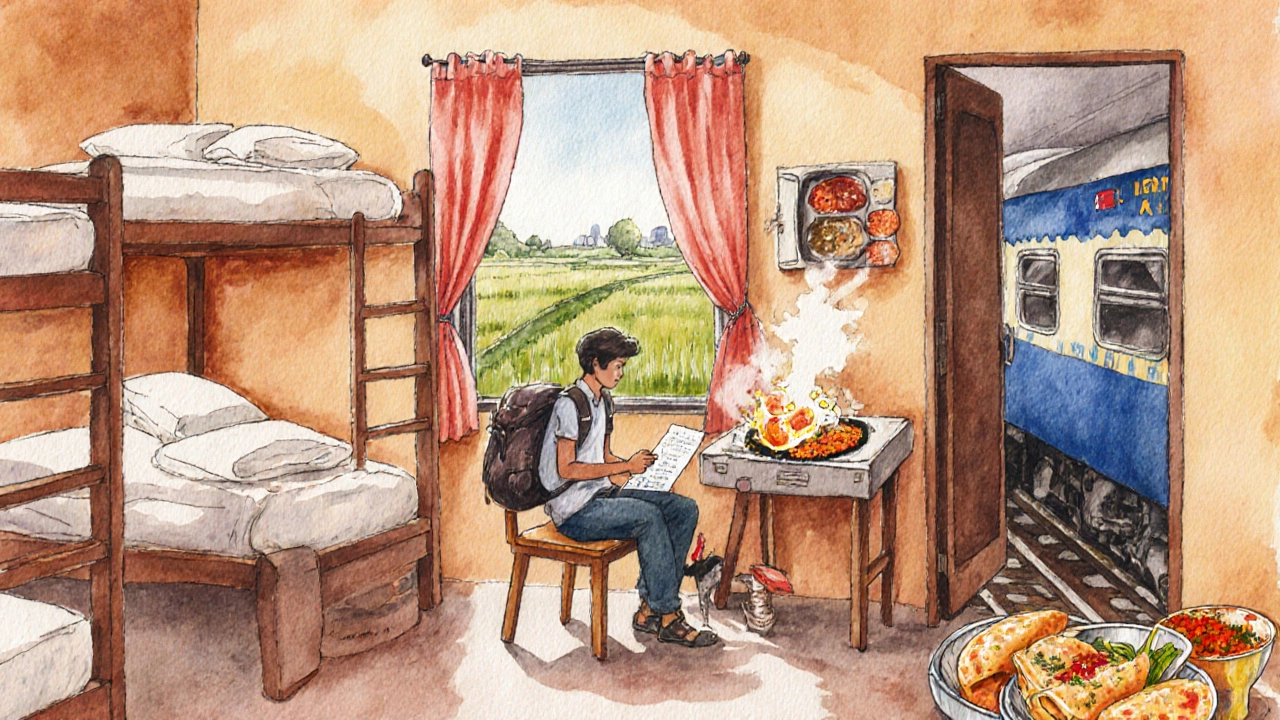 Backpacker in hostel with street food stall and view of a train.