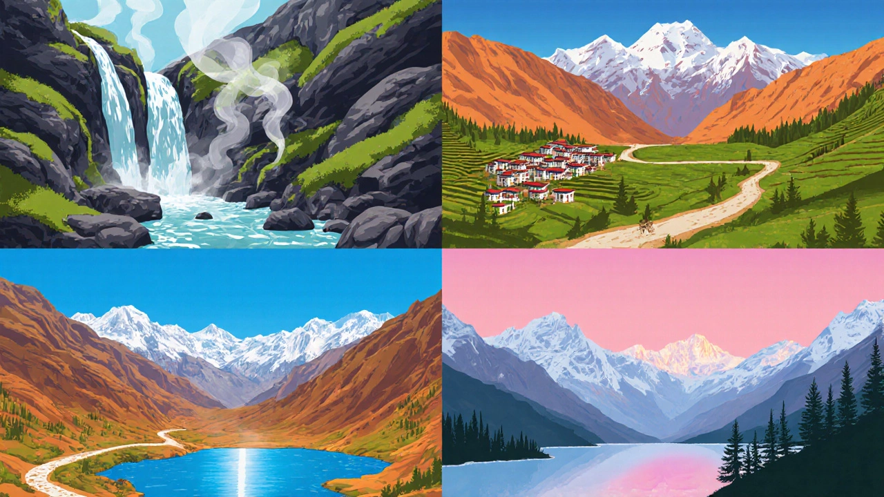 Collage of Manali's popular treks: Parvati waterfalls, Hampta Pass desert, Beas Kund lake, Bhrigu sunrise.