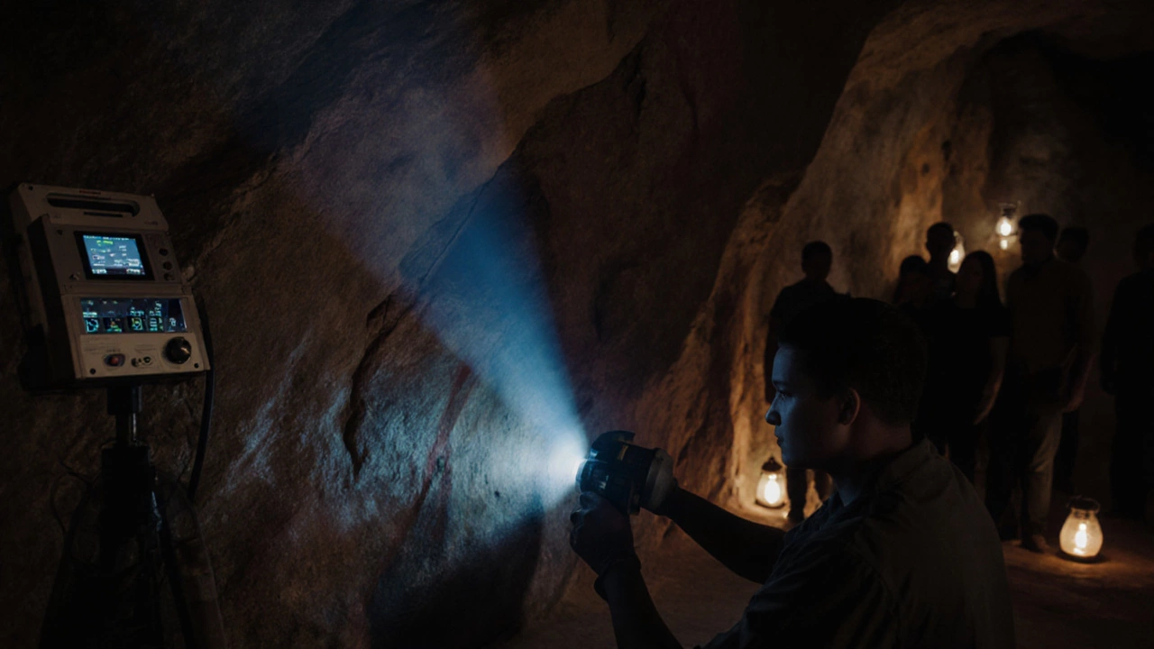 Conservation team carefully cleaning a fresco with laser equipment in a dim cave.