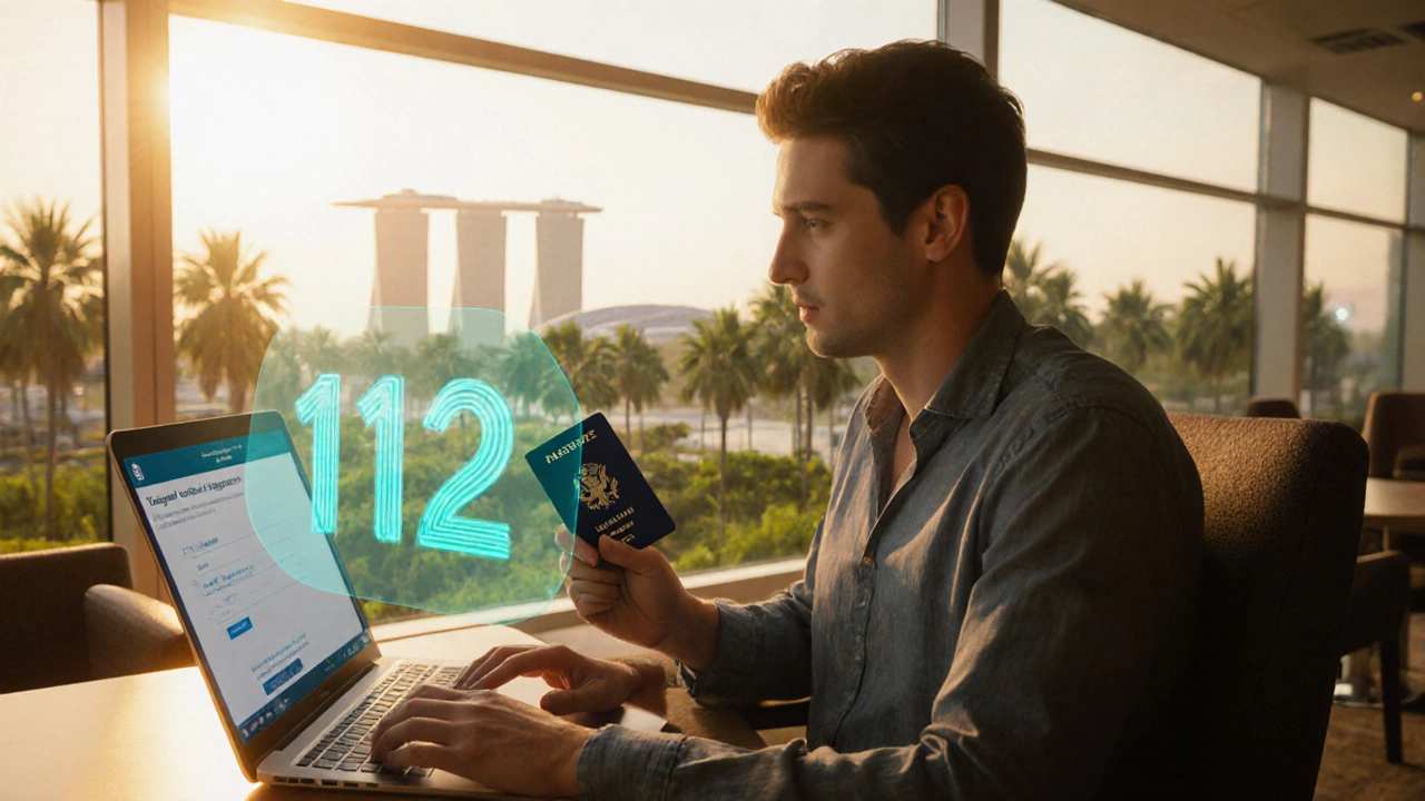 Digital painting of traveler checking embassy registration and insurance in an airport lounge.