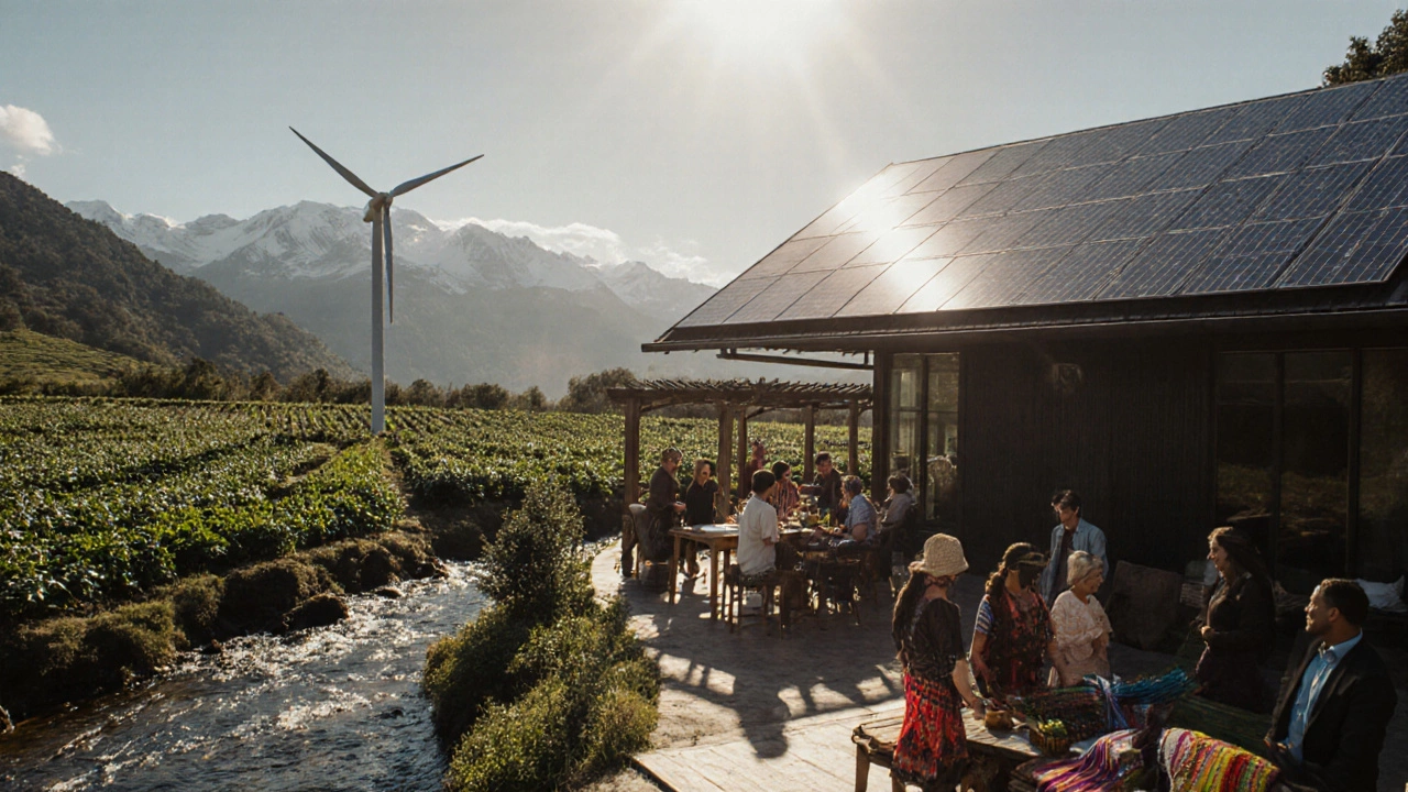 Eco‑friendly resort with solar panels, wind turbine, organic garden and guests joining a community workshop.