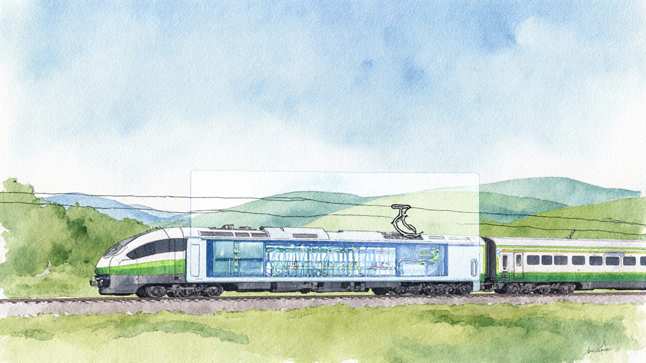 Eco‑friendly train with bio‑digester processing waste and recycling water.