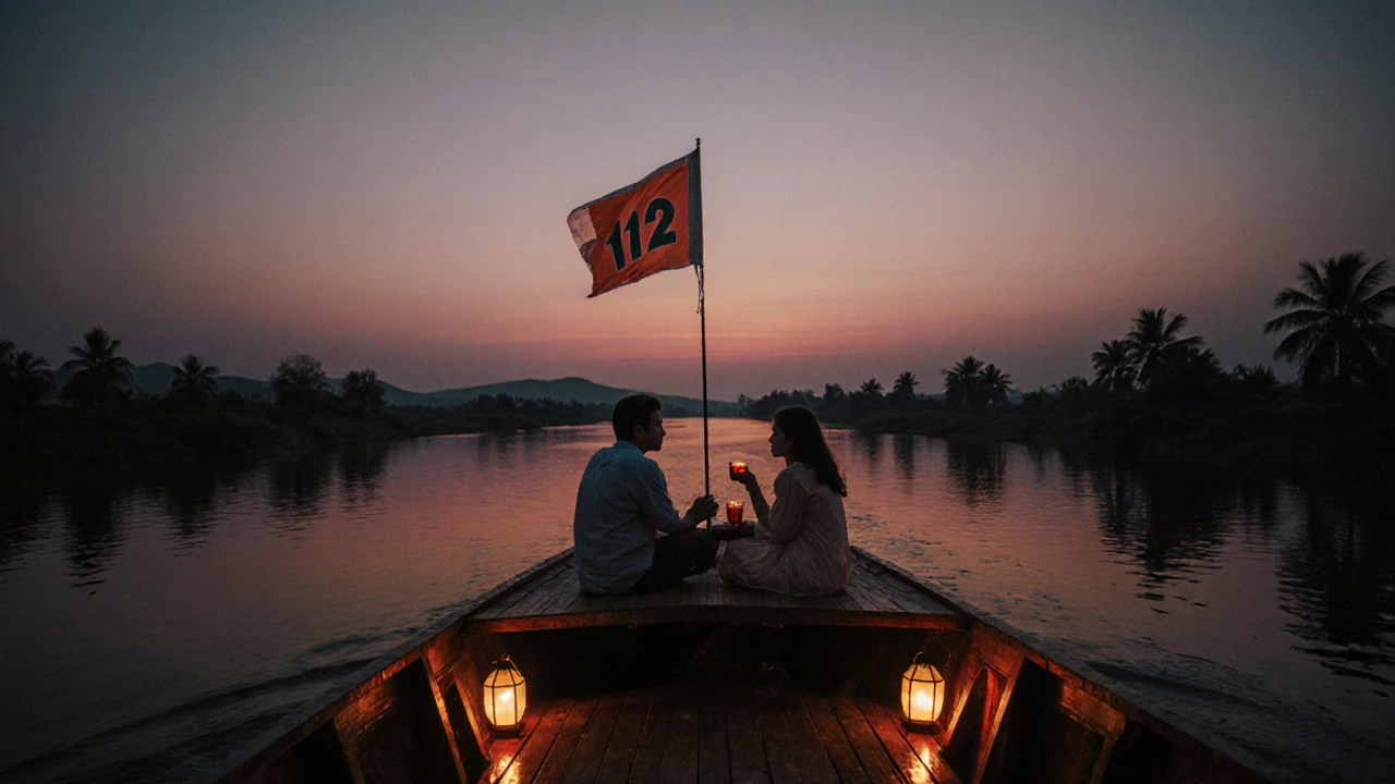 Evening houseboat on tranquil waters, lanterns glowing, couple relaxed, safety sign visible.