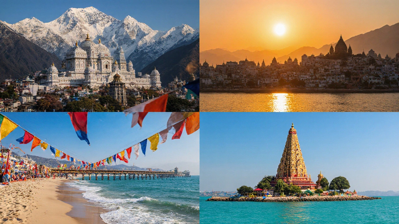 Four vivid scenes show Badrinath’s snowy temple, Dwarka’s sunset coast, Puri’s beach temple, and Rameswaram’s bridge and gopuram.