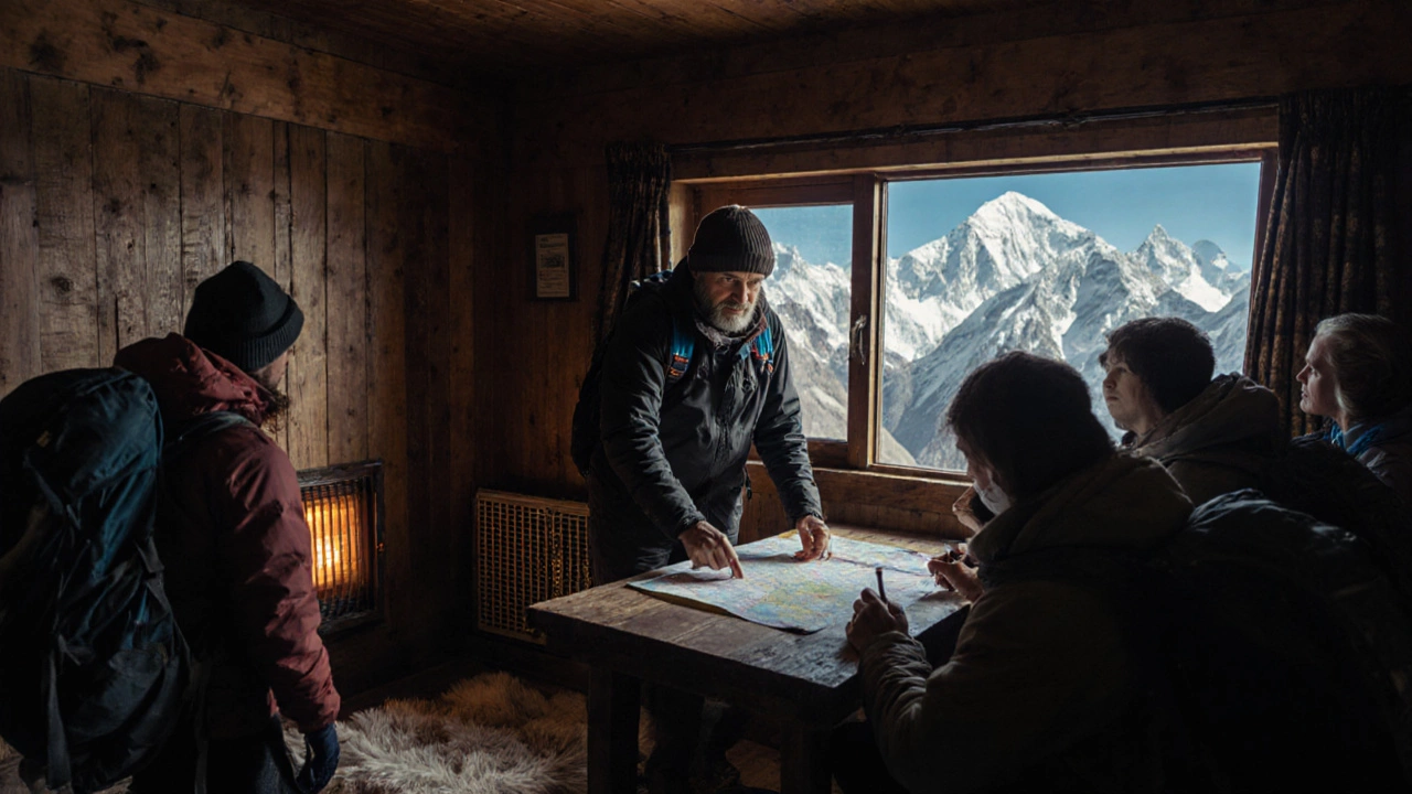 Guide reviewing permits and gear with trekkers at a mountain lodge before a high‑altitude trek.