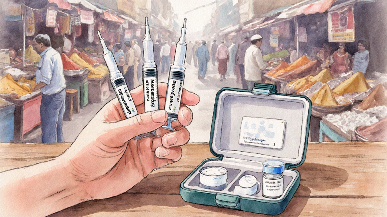 Hands holding vaccine syringes and medical kit on a table beside a blurred Indian market.