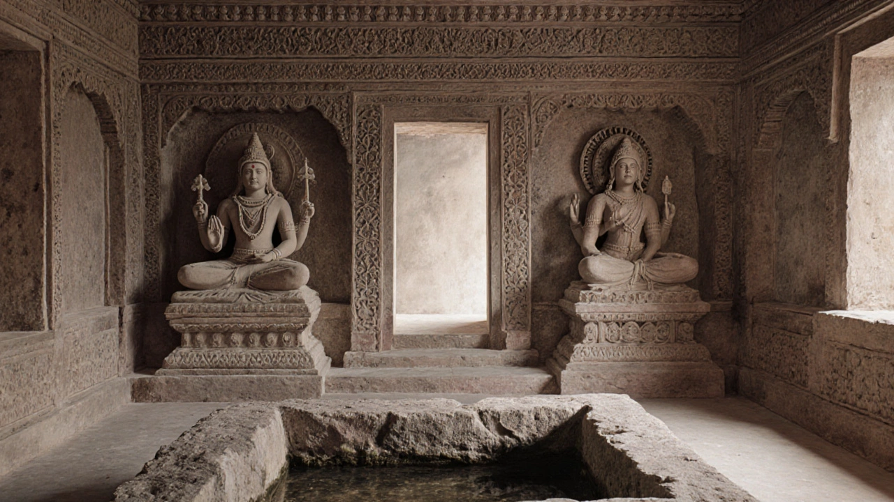 Interior of Mundeshwari Temple showing Shiva lingam, Shakti statue, floral stone lintels, and water tank.