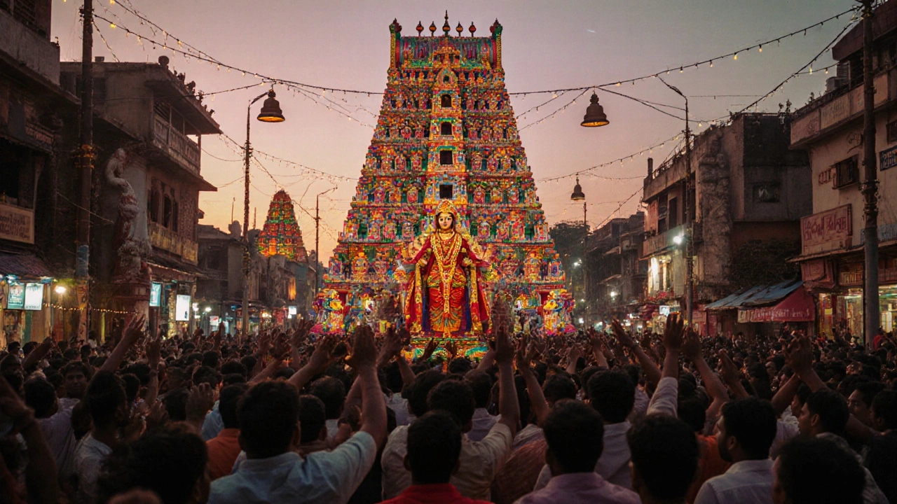 Madurai’s Meenakshi Temple at night, glowing gopurams and a colorful procession with bells and devotees.