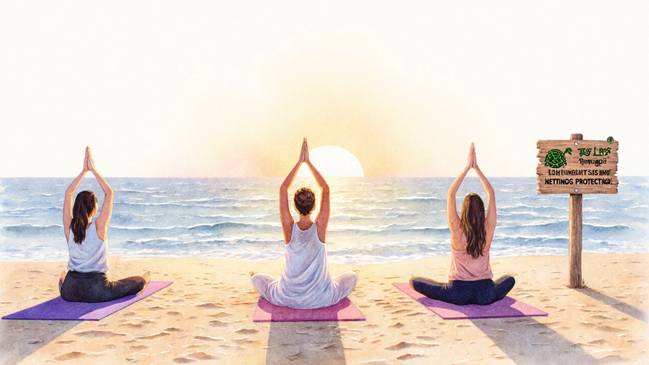 Morning yoga group on Morjim Beach with a turtle‑nesting sign in the background.