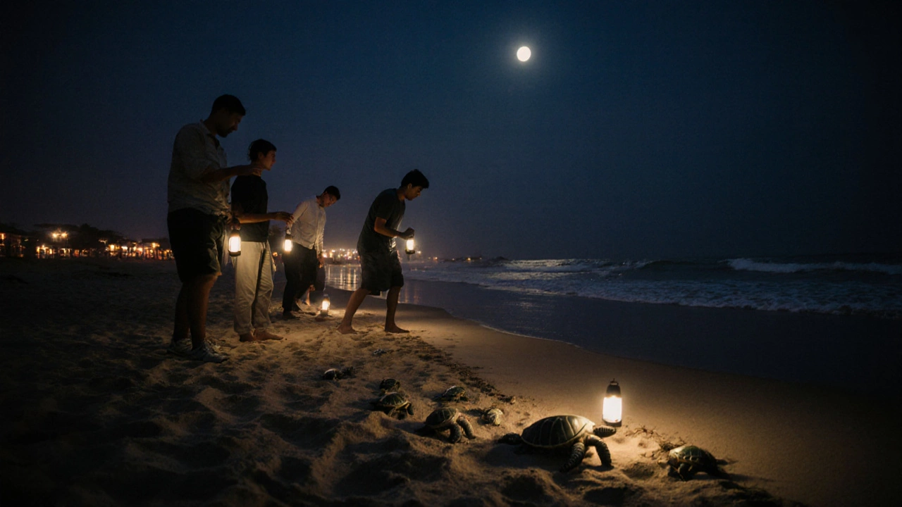 Night turtle‑nesting walk on Morjim Beach illuminated by lanterns and moonlight.
