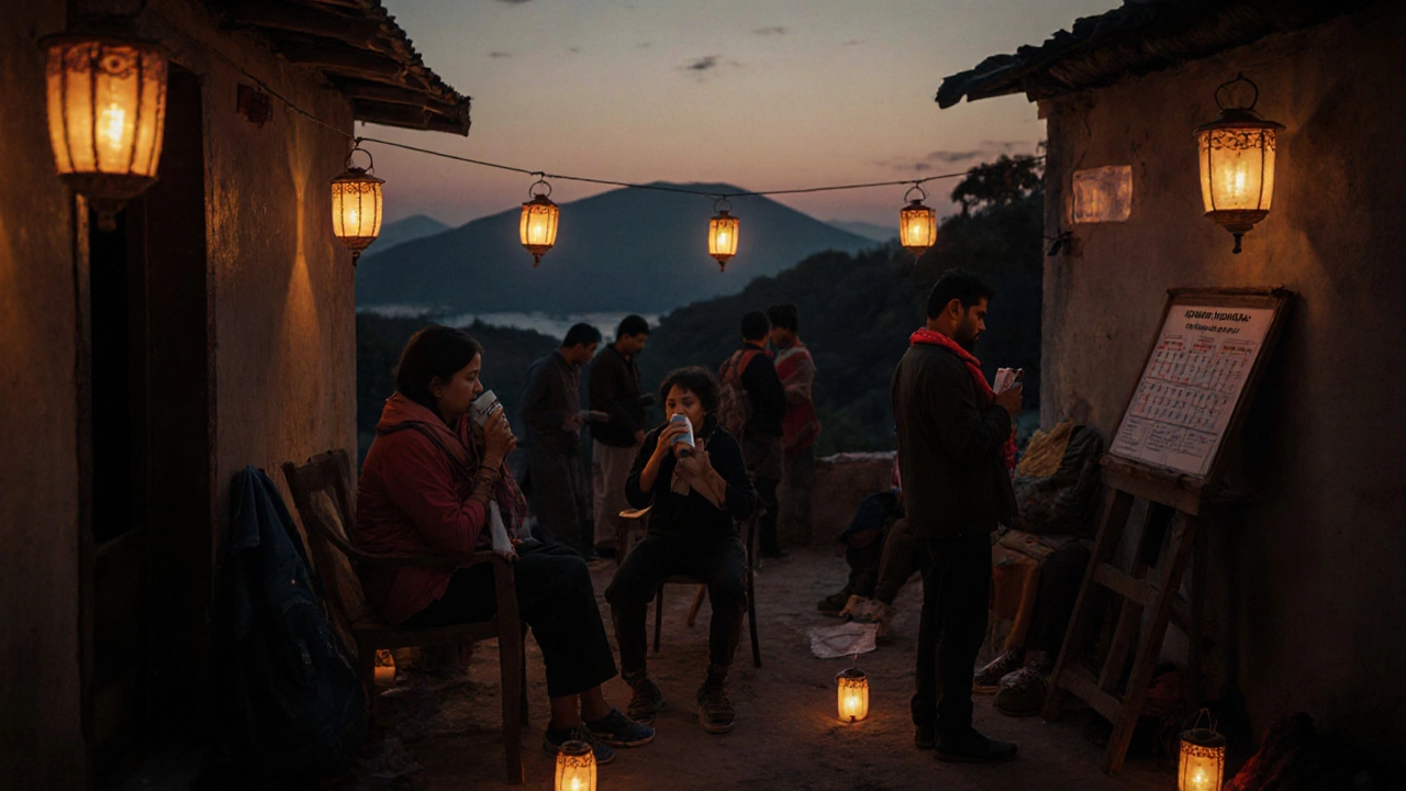 Pilgrims gather in a warm-lit dharamshala courtyard, sharing travel gear at dusk.
