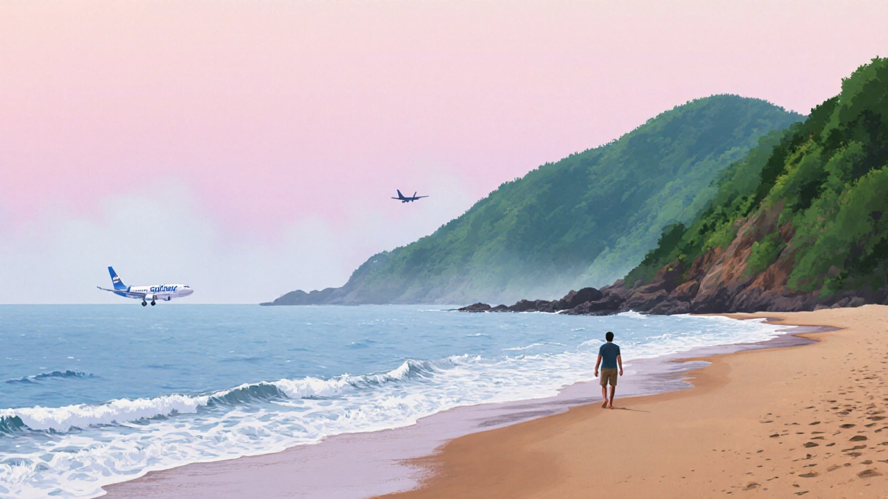Quiet Palolem Beach at dawn with traveler walking along shore, Mopa Airport distant