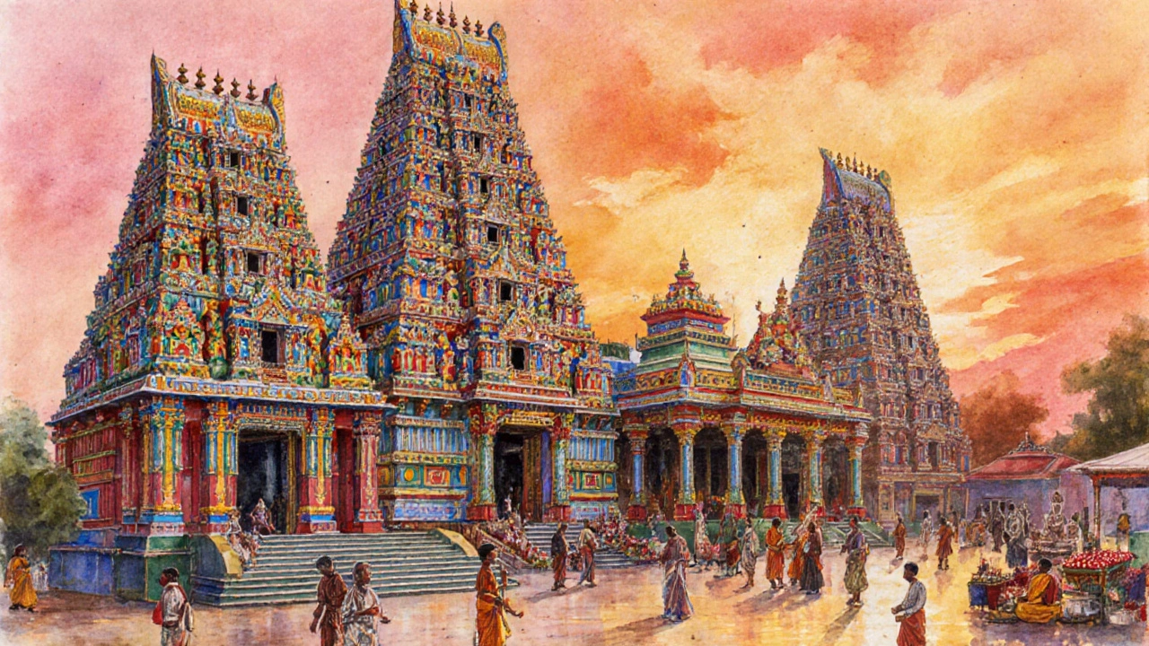 Sunset watercolor of Meenakshi Temple with colorful towers and bustling courtyard.