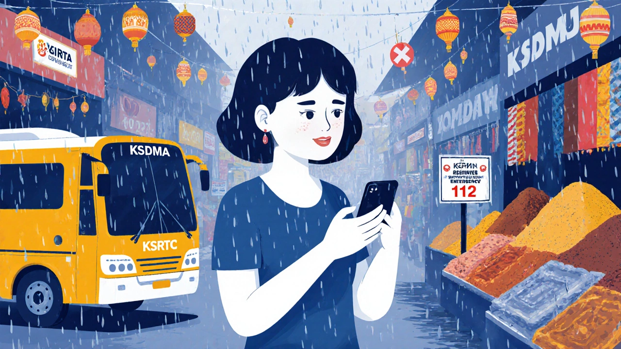 Tourist checking a safety app in a colorful Kochi market beside a licensed bus.