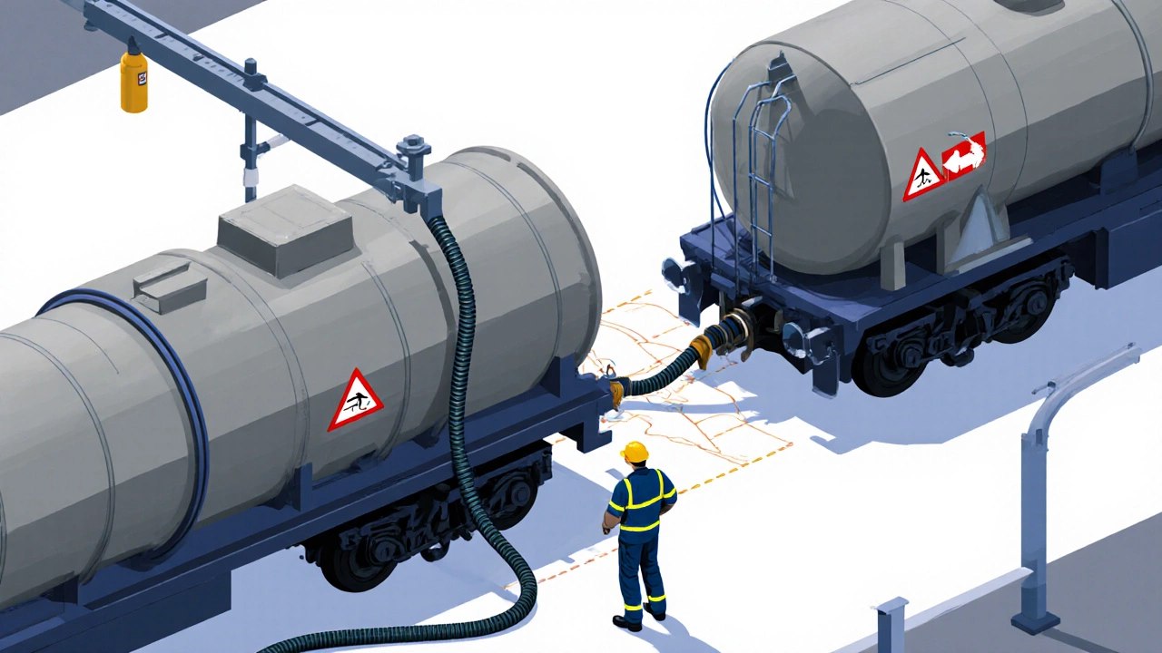 Train crew connecting a hose to empty a waste tank into a tanker truck at a depot.