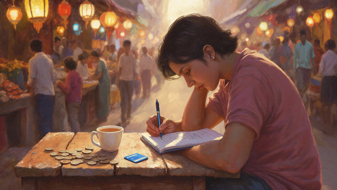 Traveler at a tea stall writing in a notebook with coins and a credit card nearby.