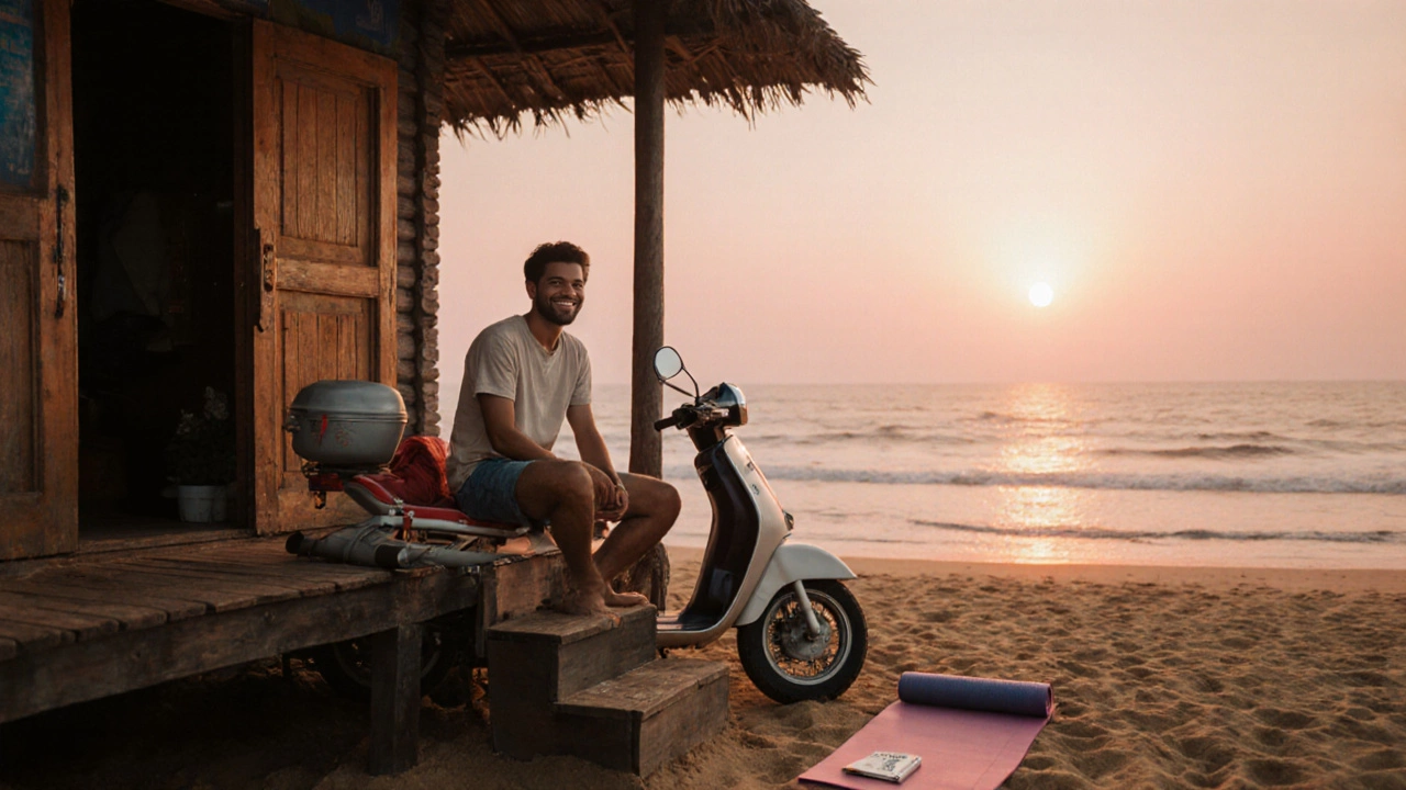 Traveler at sunrise on Varkala beach beside a scooter and hut.