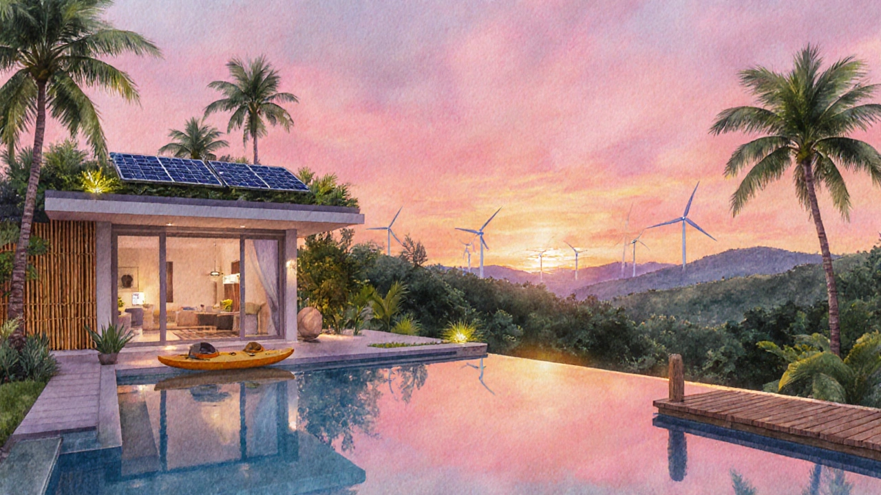 Traveler contemplating a sunset view of a resort that blends luxurious amenities with sustainable features.