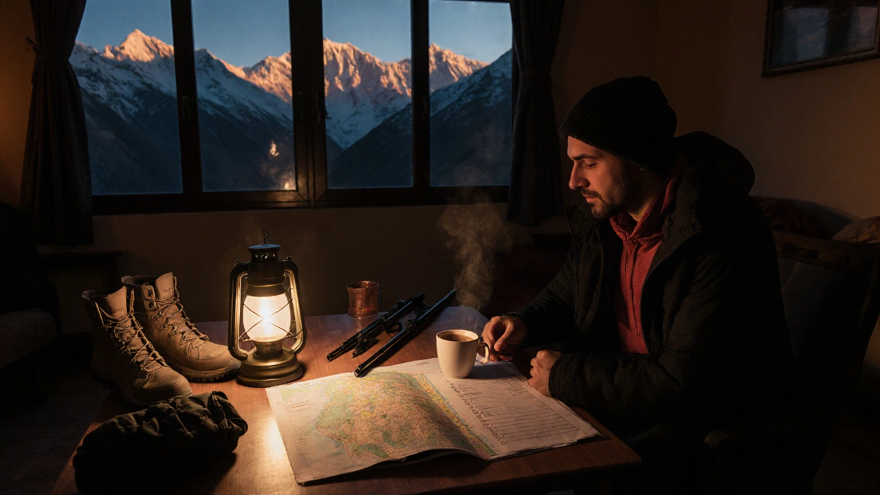 Traveler in a guesthouse planning a trek using a map, checklist, and gear, with mountains visible outside.