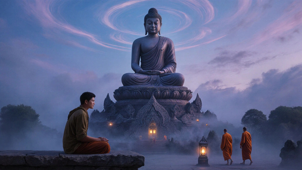 Traveler meditating beside Mahabodhi Temple at pre‑dawn with mist and lantern light.