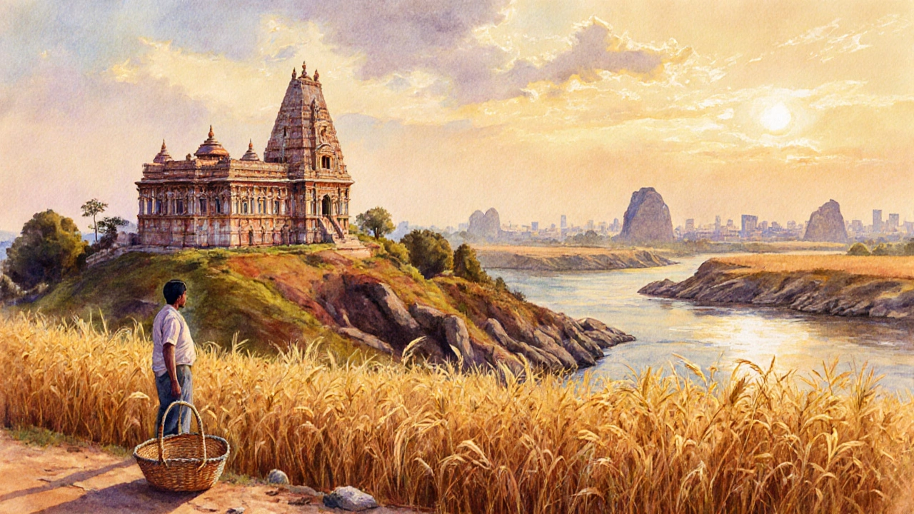 Traveler overlooking Mundeshwari Temple at golden hour with river, fields, and distant Barabar Caves.