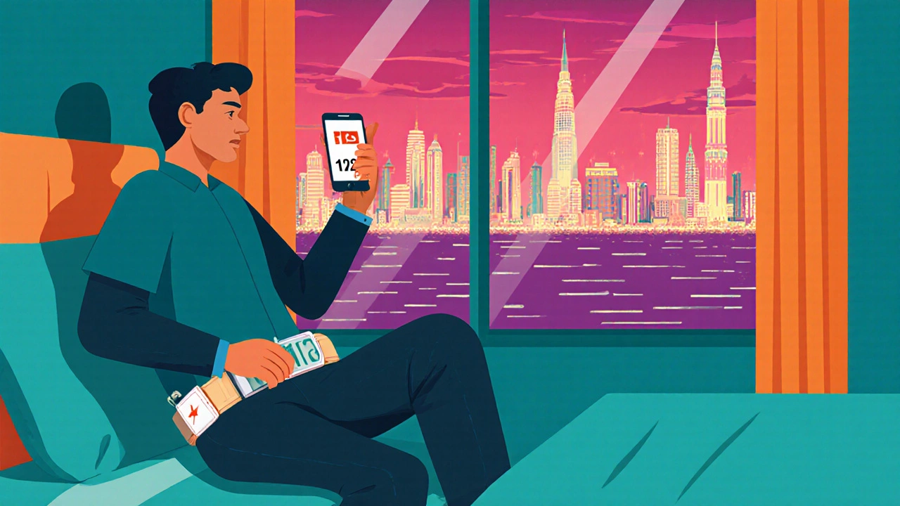Traveler securing money belt in hotel room, checking phone, with Mumbai skyline outside.