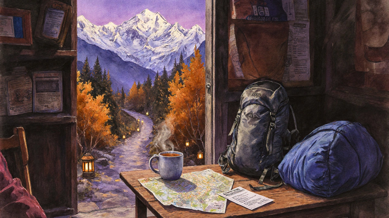 Trekkers resting at a teahouse in Tosh, packing gear with alpine peaks behind them.