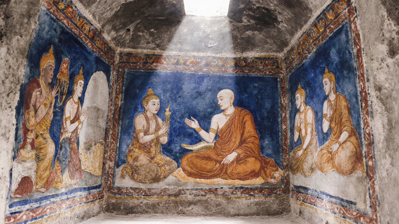 Vibrant watercolor of a Buddhist mural depicting a Jataka tale inside a cave.