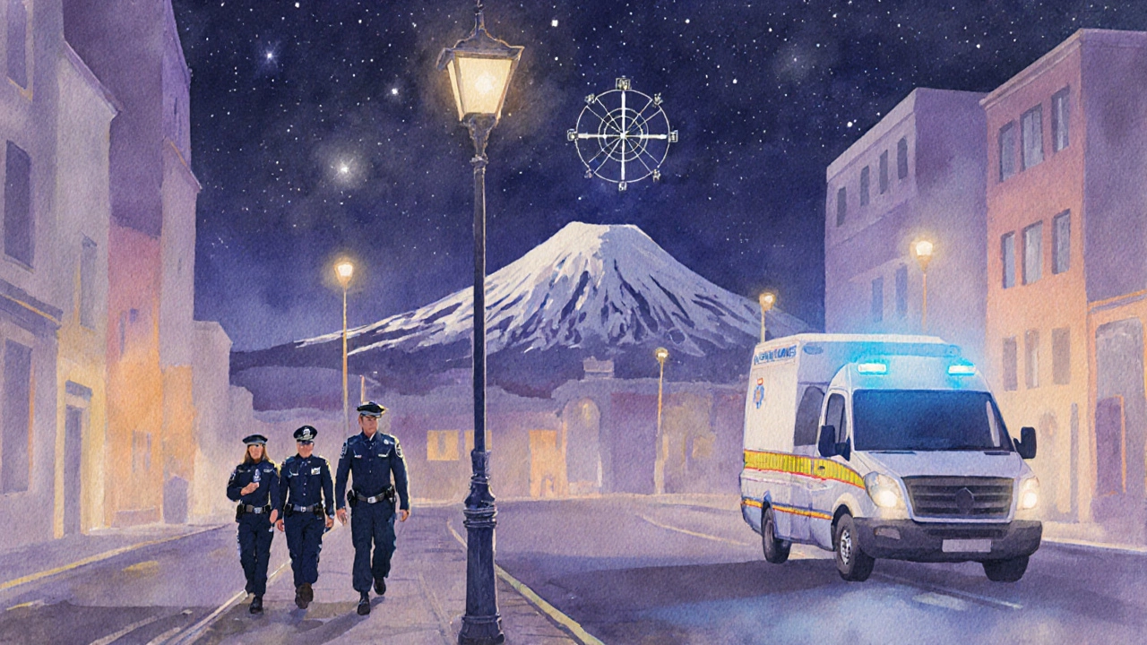 Watercolor of Reykjavik street at night with police foot patrol and ambulance under soft lights.