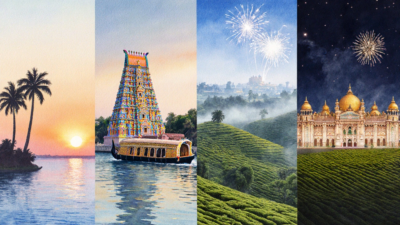 Watercolor timeline of beach, temple, backwater houseboat, tea plantation, and palace scenes.