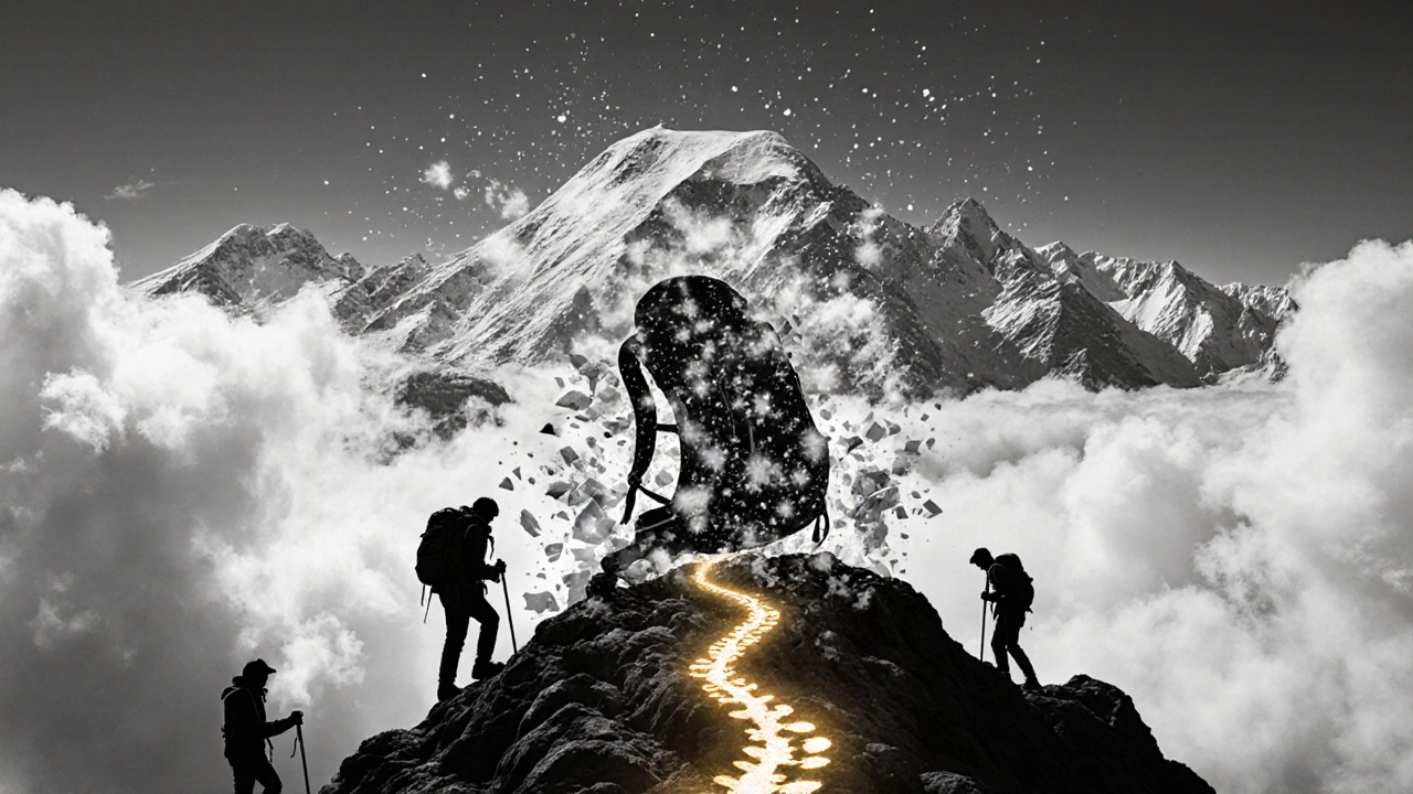 A backpack dissolves into snowflakes as footprints lead toward a glowing mountain summit.