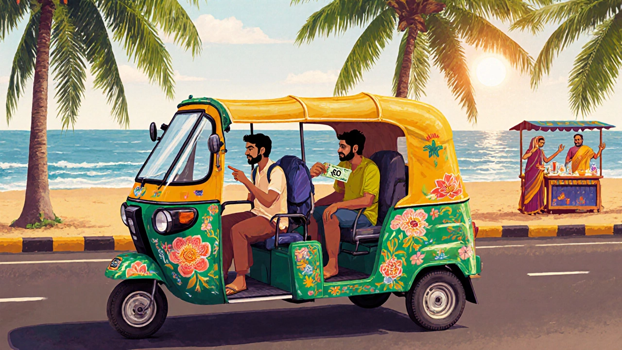 A colorful auto-rickshaw in Goa with a backpacker inside, holding a ₹50 note, palm trees in the background.