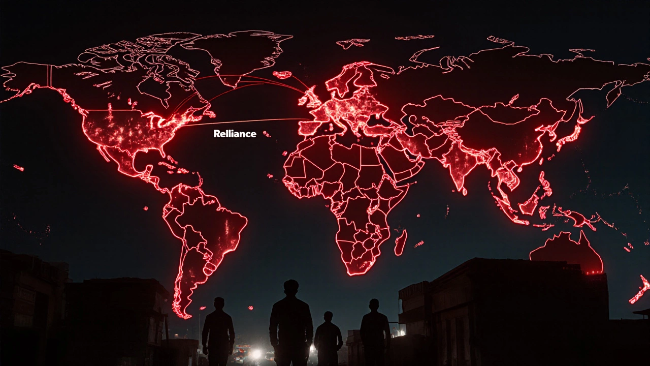 A digital map of India showing Reliance&#039;s infrastructure networks glowing across the country.