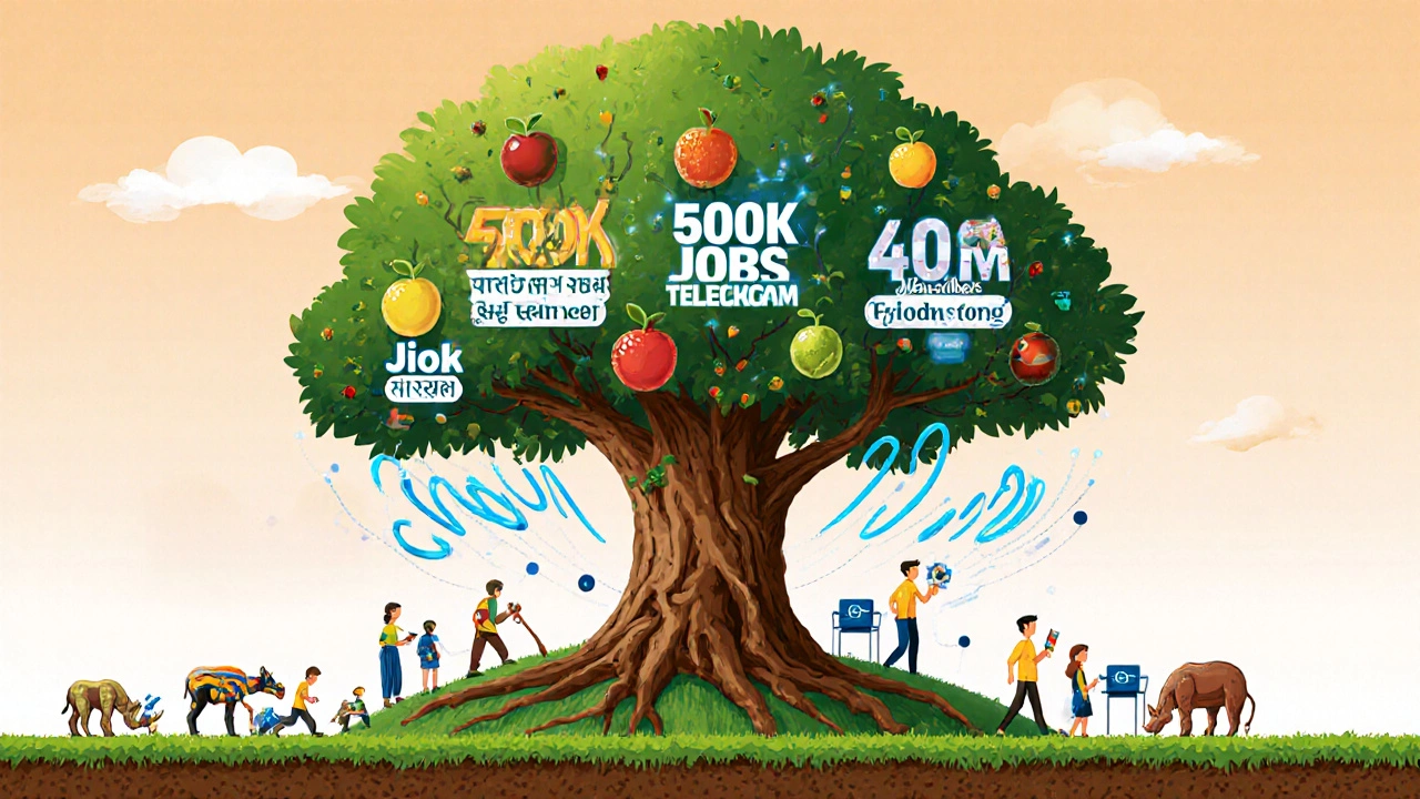 A giant tree with roots and fruits representing Reliance Industries&#039; impact on India&#039;s economy and society.