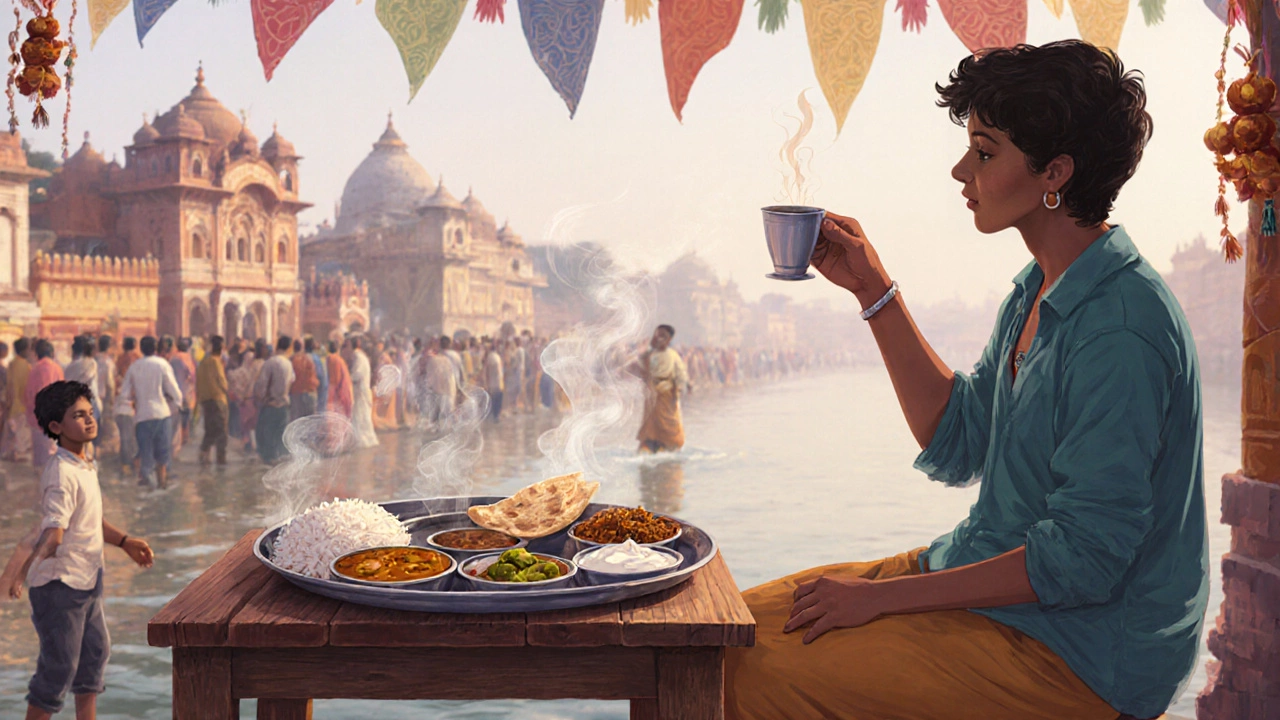 A traveler enjoying a traditional thali meal with rice, dal, and yogurt in Varanasi, surrounded by temple silhouettes.