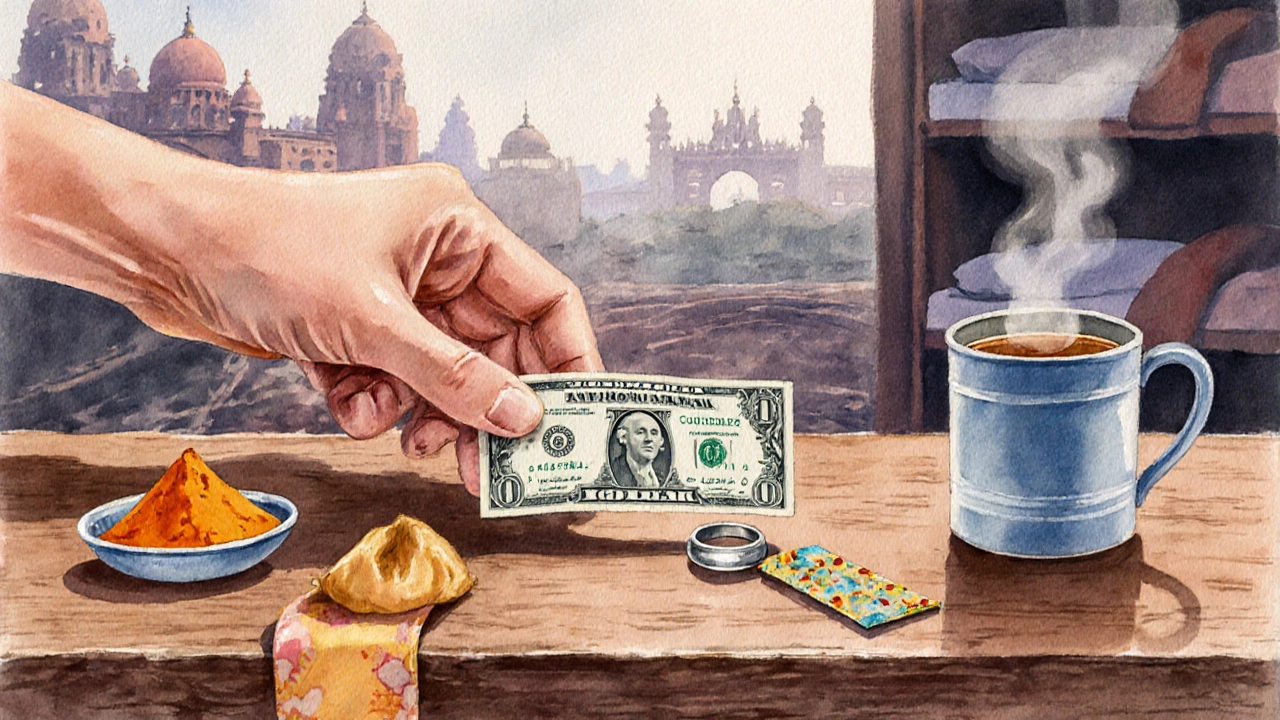 A US dollar beside a silver ring, turmeric, silk bookmark, and chai cup, with blurred Indian landmarks.