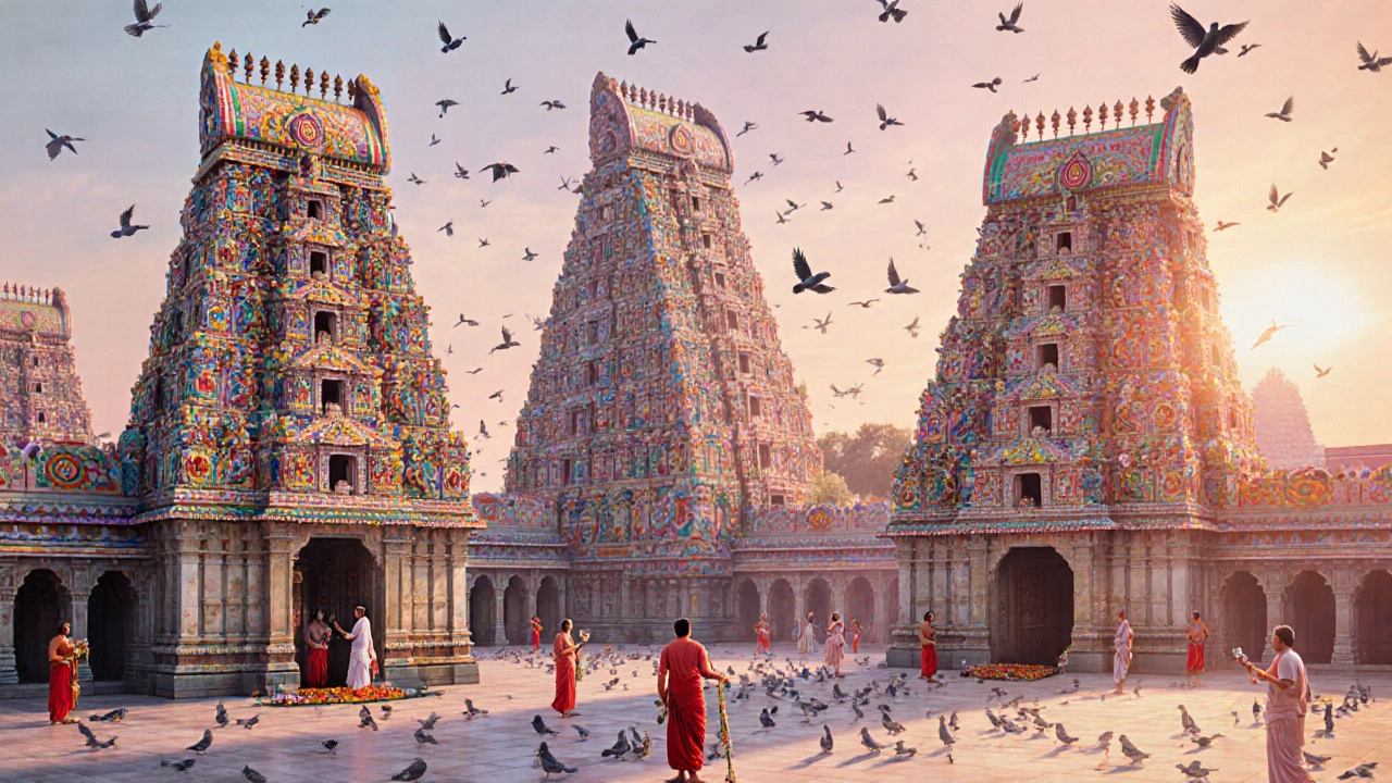 Colorful gopurams of Meenakshi Amman Temple covered in statues, glowing in morning light.