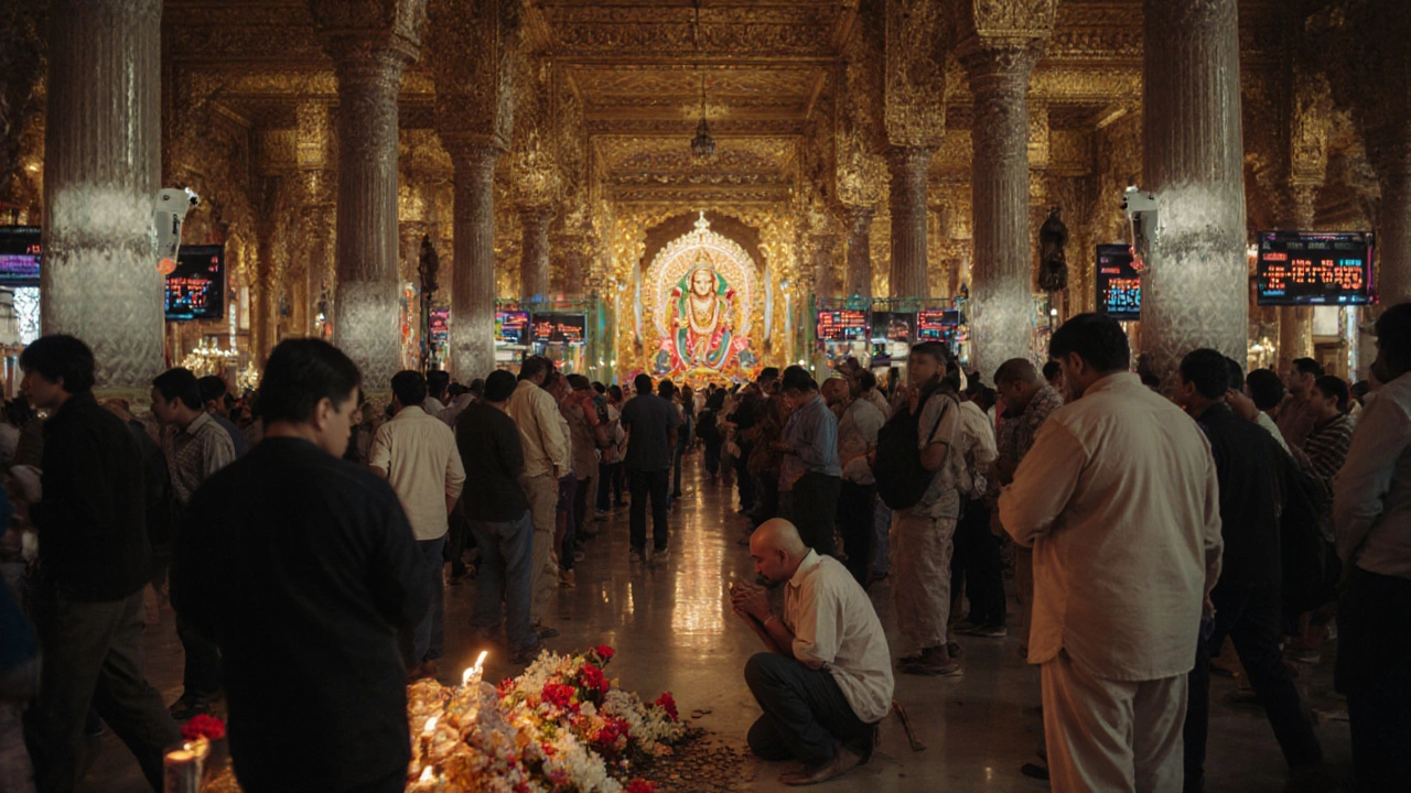 Crowds moving in orderly lines inside a grand temple with digital wait-time displays.