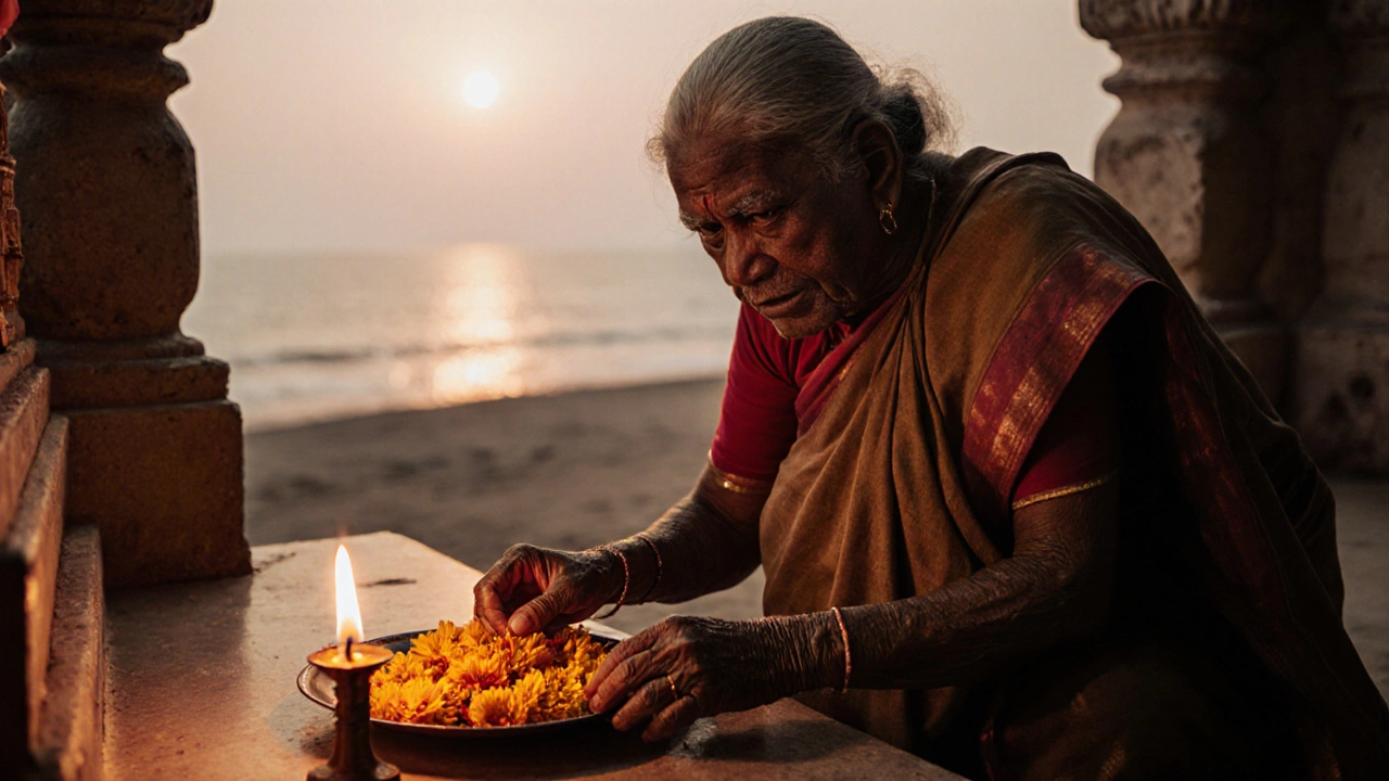 Elderly woman offering flowers at a temple in Puri at dawn, hands trembling, eyes closed in devotion.
