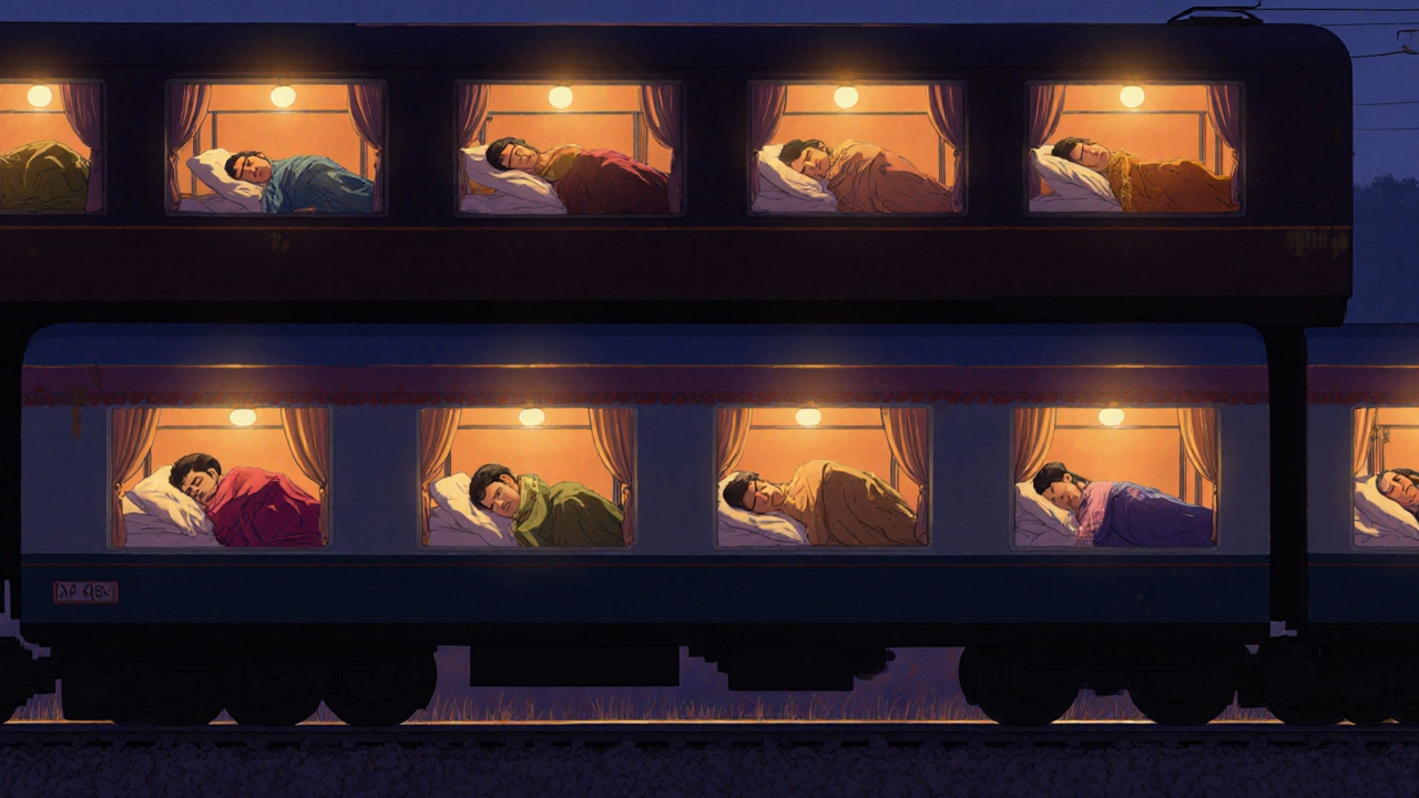 Foreign travelers sleep peacefully on an overnight train in Rajasthan under moonlit desert skies.