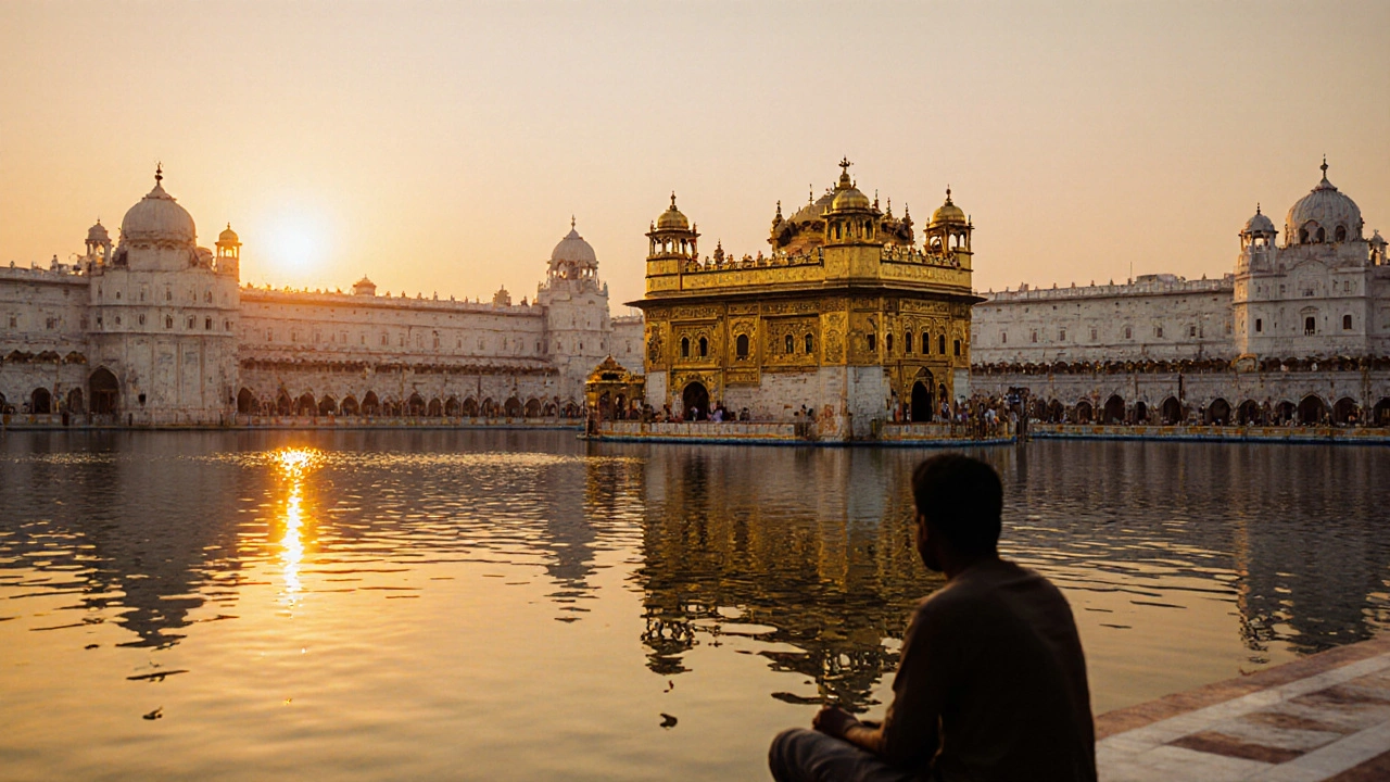 Golden temple reflected in sacred pool at dusk, symbolizing equality and service.