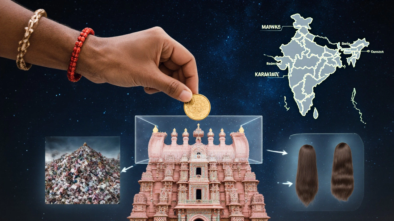 Hand donating gold coin with digital overlays showing crowd data and travel routes.