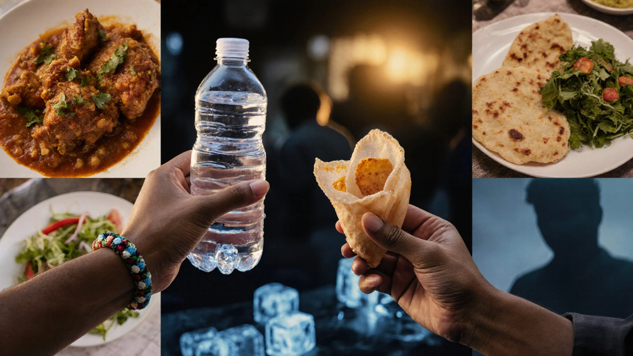 Hands holding purified water and freshly made pani puri, with safe Indian dishes lit in gold against risky foods in shadow.