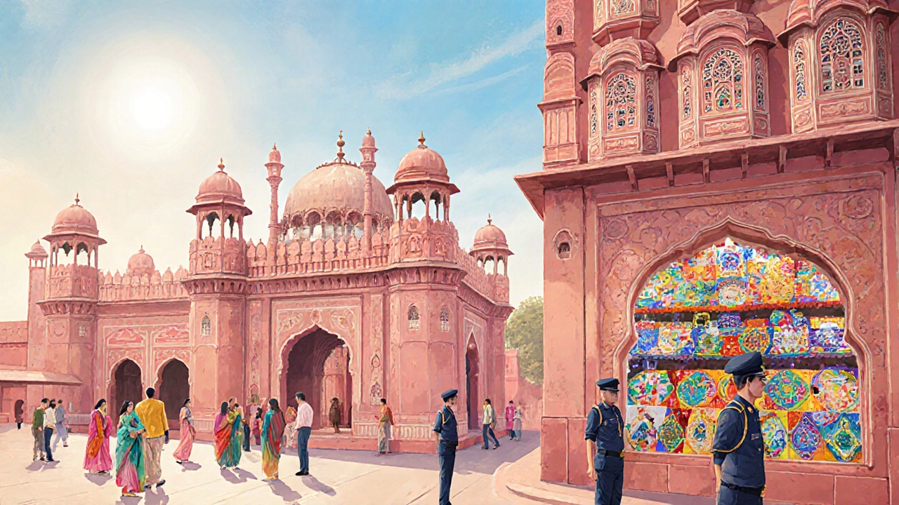 Jaipur&#039;s historic palace and observatory with tourist police and government emporiums in the foreground.
