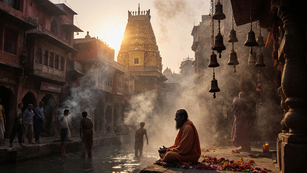 Kashi Vishwanath Temple spire rising over Ganges ghats at dawn with incense and pilgrims.
