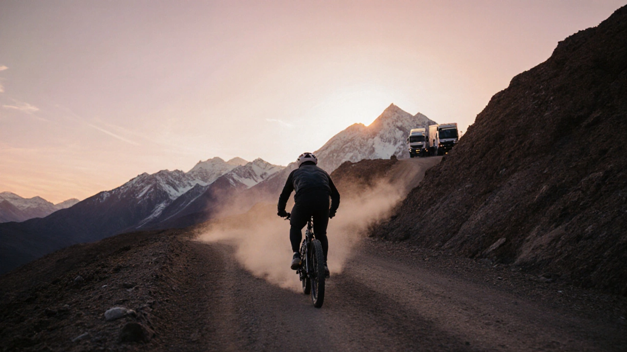 Mountain biker ascending the Leh-Manali Highway at sunrise under snow-capped peaks.